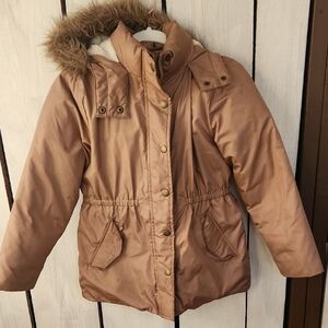 Old Navy Tan Kids Puffer Jacket with Faux Fur Hood Size Large (10-12)